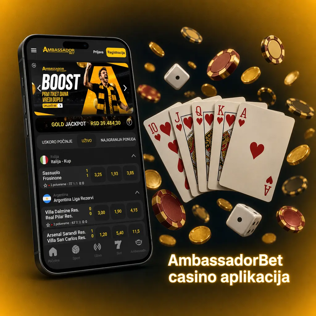 AmbassadorBet casino aplikacija sa preko 3.000 slot igara, live kazinom i bonusima dostupnim 24 sata dnevno.