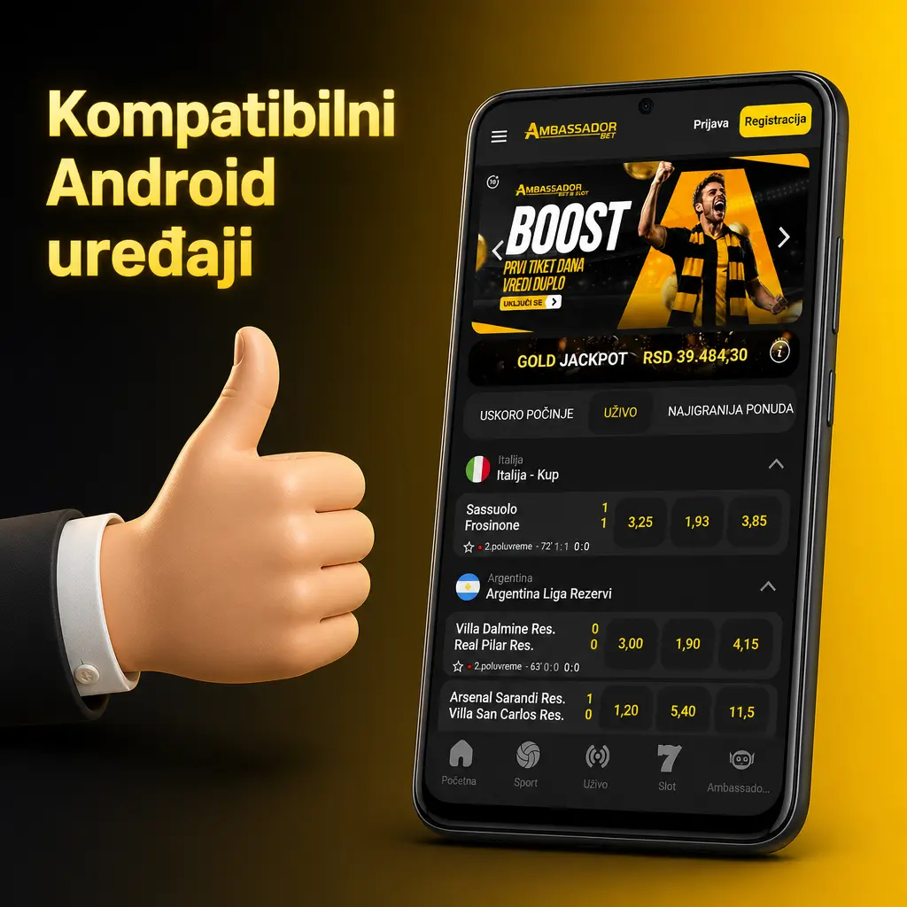 Kompatibilni Android uređaji za AmbassadorBet aplikaciju: Samsung, Xiaomi, Huawei, Motorola, OnePlus, Google i Honor telefoni