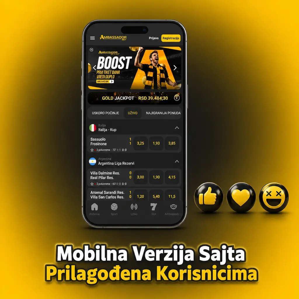 AmbassadorBet mobilna verzija sajta prilagođena korisnicima - brz pristup casino i sportskim opkladama bez preuzimanja aplikacije.