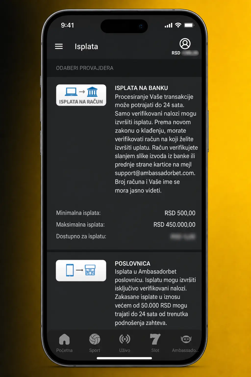 Isplata novca preko AmbassadorBet aplikacije - koraci za verifikovan nalog i podizanje sredstava
