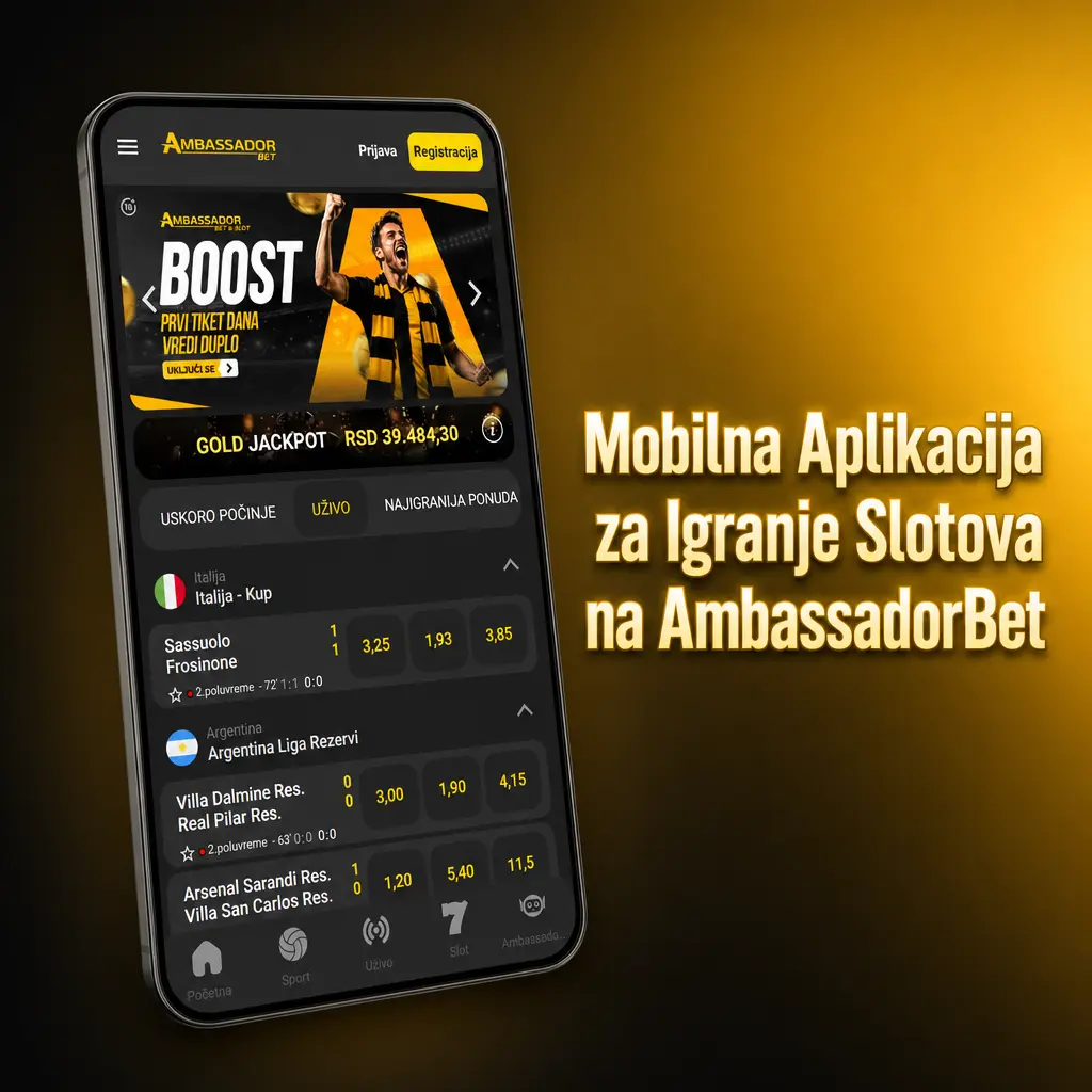 Mobilna aplikacija AmbassadorBet za igranje slotova na Android i iOS uređajima uz brz pristup igrama i opkladama.