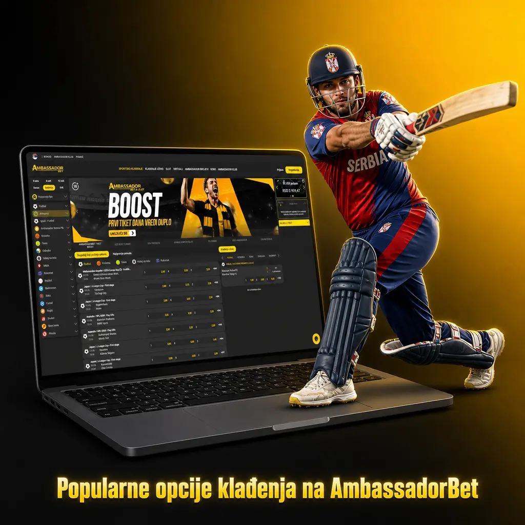 Popularne opcije klađenja na AmbassadorBet: live kvote, cash out, video prenos i klađenje unapred za razne sportove.