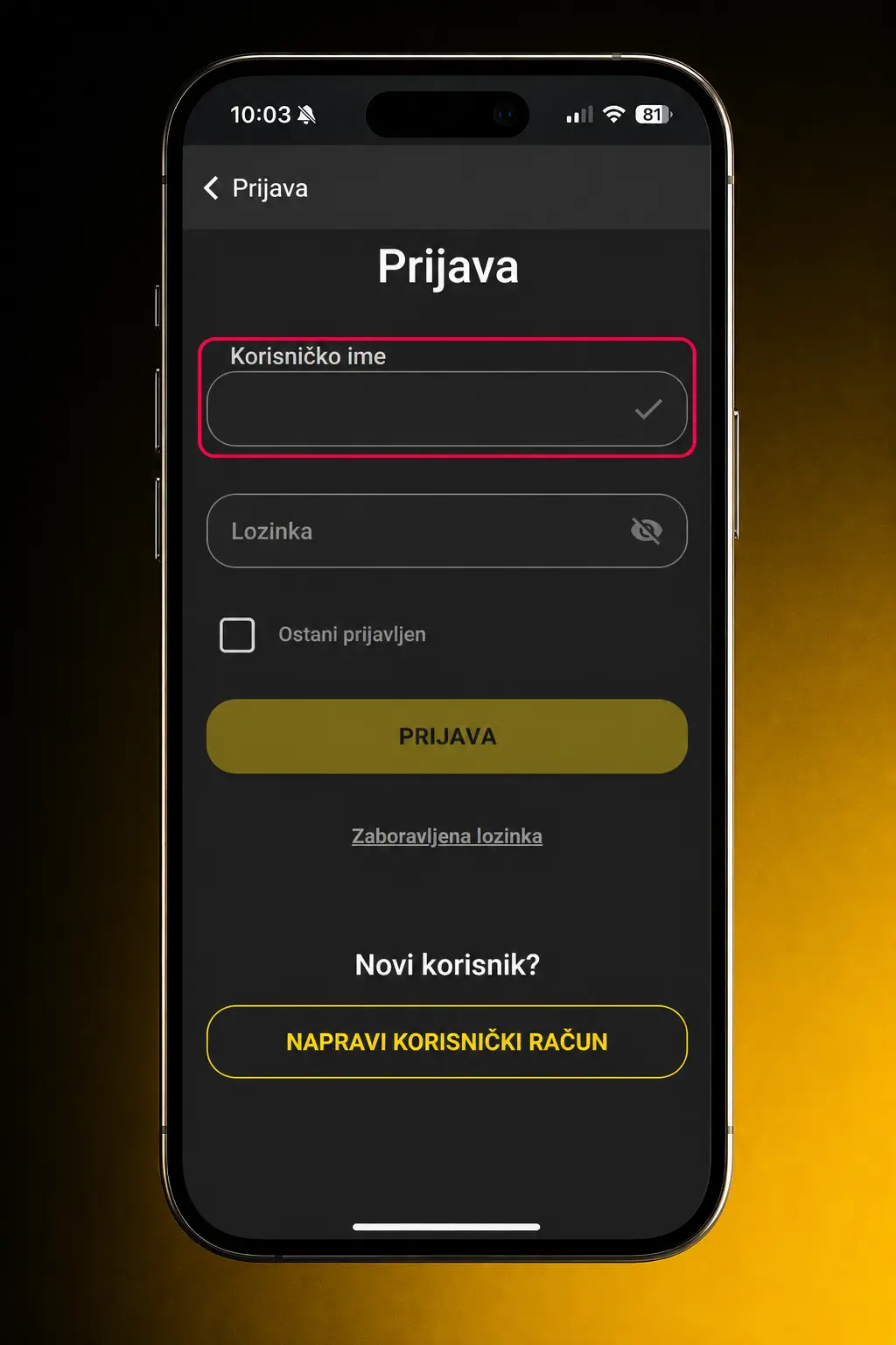 Prijava na AmbassadorBet aplikaciju pomoću PIN koda, otiska prsta ili Face ID skeniranja