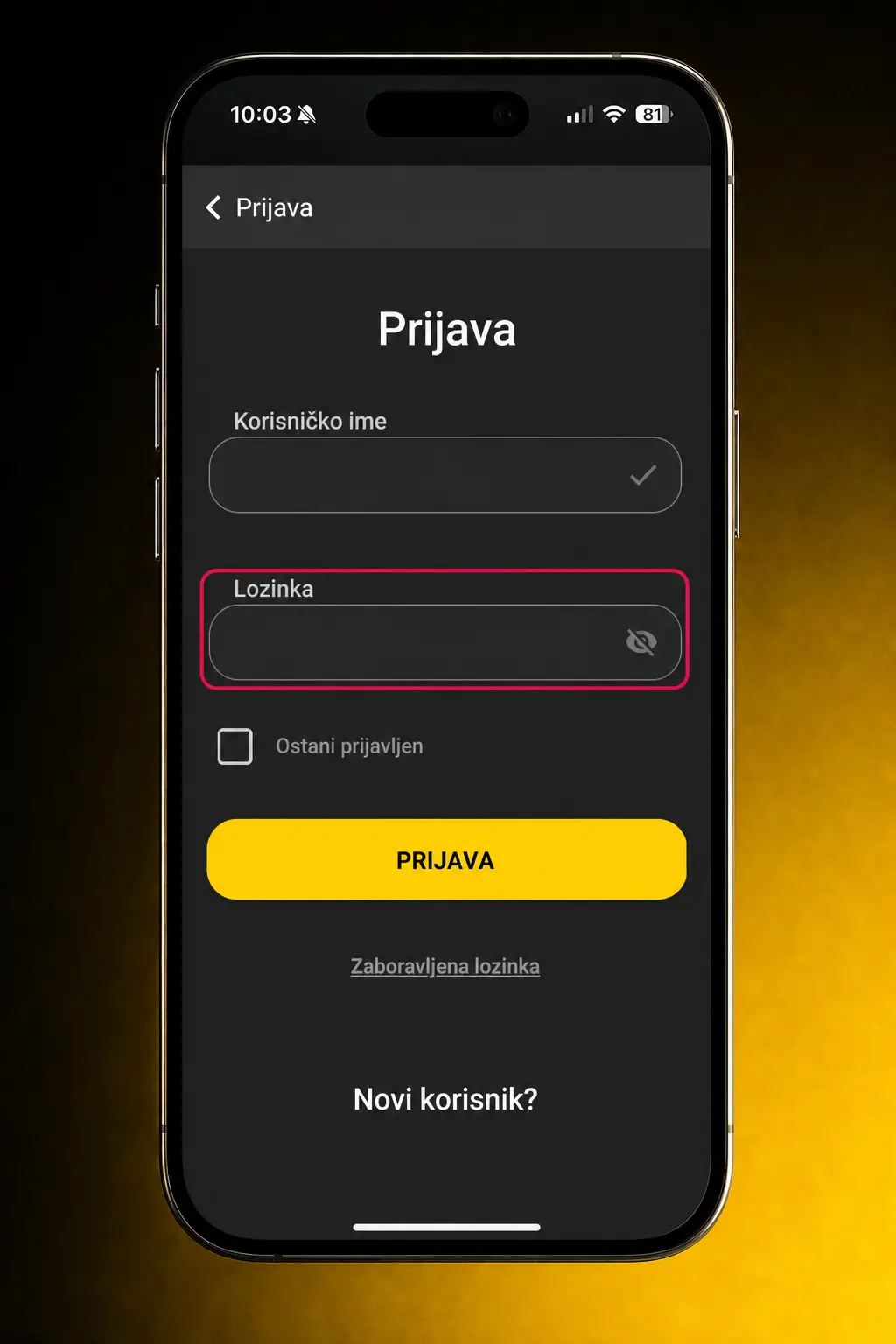Prijava na AmbassadorBet aplikaciju pomoću PIN koda, otiska prsta ili Face ID skeniranja