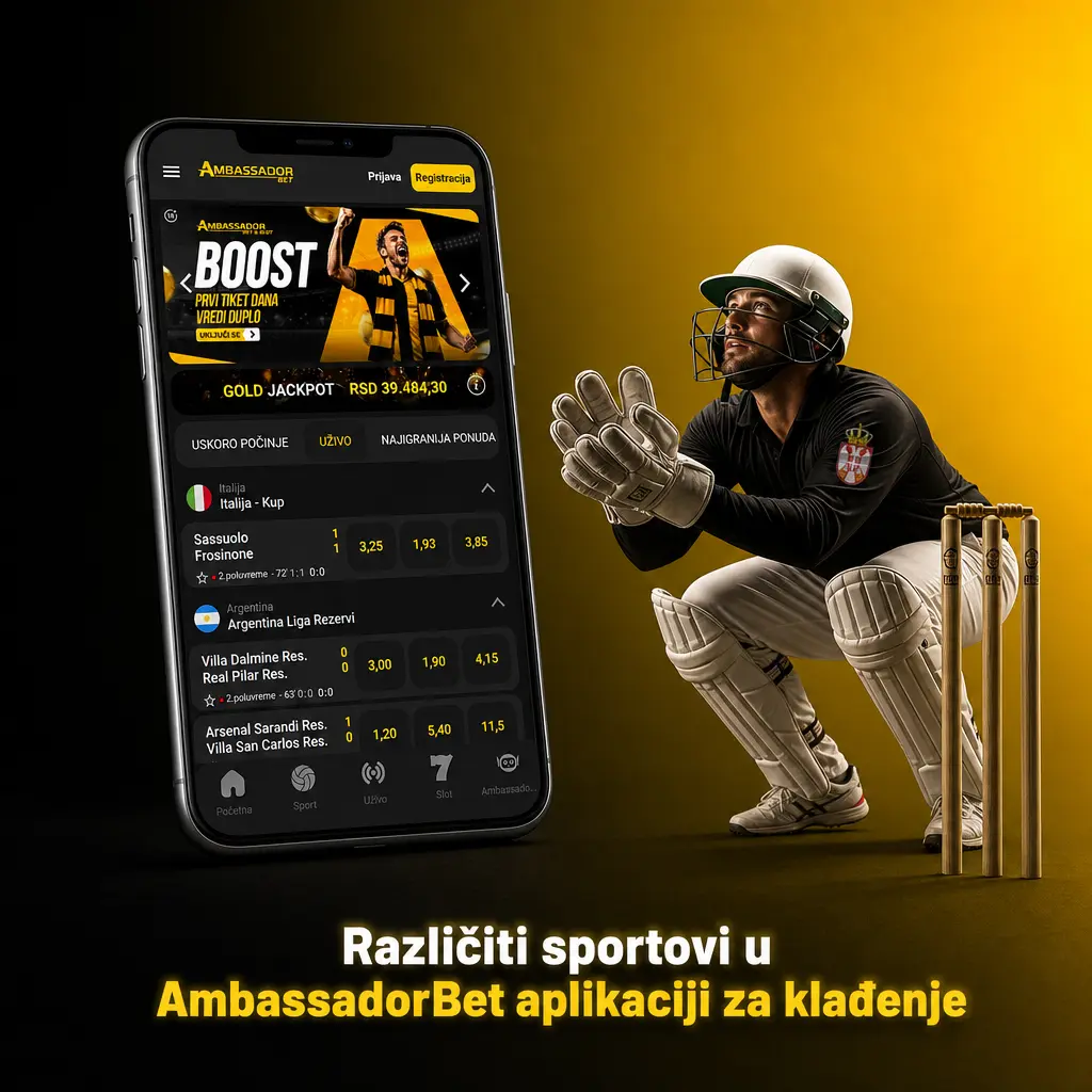 Prikaz različitih sportova dostupnih za klađenje u AmbassadorBet aplikaciji, uključujući fudbal, košarku, tenis i eSports